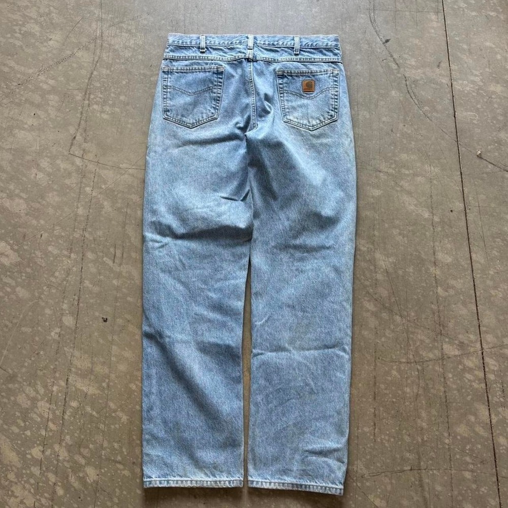 Carhartt Denim Blue Jeans Carpenter‎ Pants Brown Patch 38x34 Traditional Fit